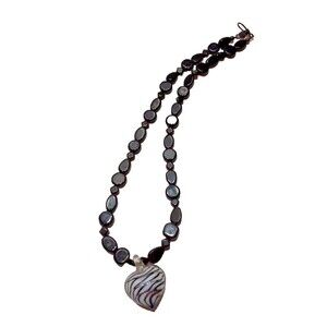 Black Agate Necklace Zebra Heart Glass Bead Handmade Hook and Eye Closure